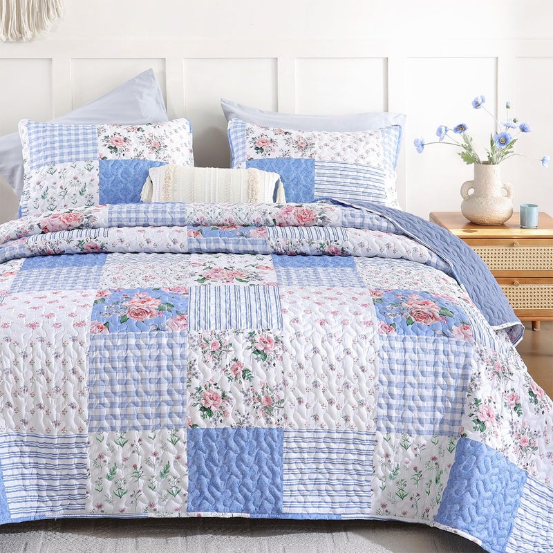 YIKUSH Quilt Sets Queen Size Floral Quilt Set 3 Pieces Bedding Set Bedspreads Blue Comforter Blanket with 2 Pillow Cases- Ultra Soft Floral Coverlet with Printed Pattern 90in.x 90in - Image 1