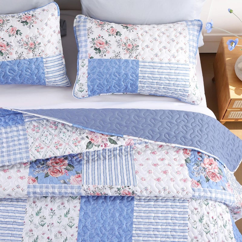 YIKUSH Quilt Sets Queen Size Floral Quilt Set 3 Pieces Bedding Set Bedspreads Blue Comforter Blanket with 2 Pillow Cases- Ultra Soft Floral Coverlet with Printed Pattern 90in.x 90in - Image 3