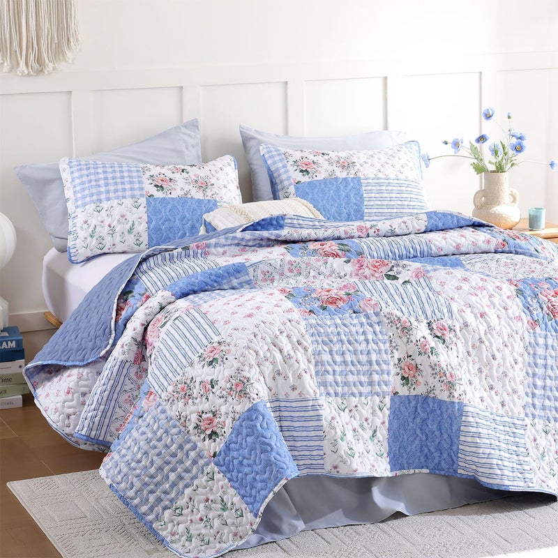YIKUSH Quilt Sets Queen Size Floral Quilt Set 3 Pieces Bedding Set Bedspreads Blue Comforter Blanket with 2 Pillow Cases- Ultra Soft Floral Coverlet with Printed Pattern 90in.x 90in - Image 5