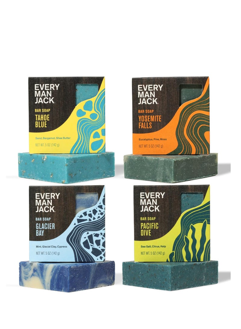Every Man Jack Every Man Jack Cold Plunge Mens Bar Soap Set - Deeply Cleans, Hydrates with Naturally Derived Ingredients - Iconic Cold Water Scents - Pacific Dive, Glacier Bay, Tahoe Blue, Yosemite Falls, 4 Bar Set  - Image 1