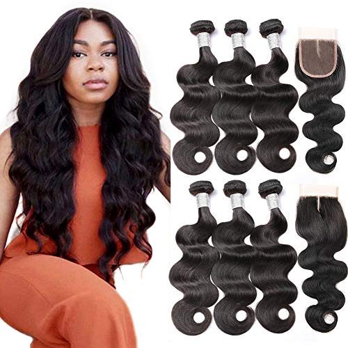 Beauty Princess Brazilian Body Wave with Closure 10A Brazilian Hair 3 Bundles with Middle Part Closure Natural Black Human Hair Bundles With Closure22 24 26 with 20inch