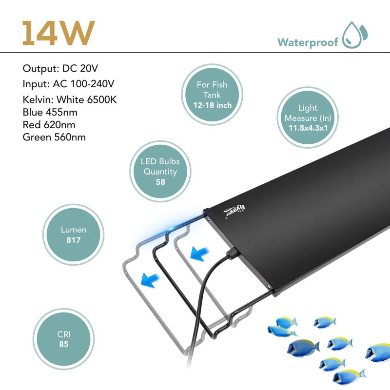 hygger Fish Aquarium LED Light, 14W 24/7 Lighting Sunrise-Daylight-Moonlight Mode DIY , Adjustable Timer/Brightness with Extendable Bracket 7 Colors for Planted Tank - Image 5