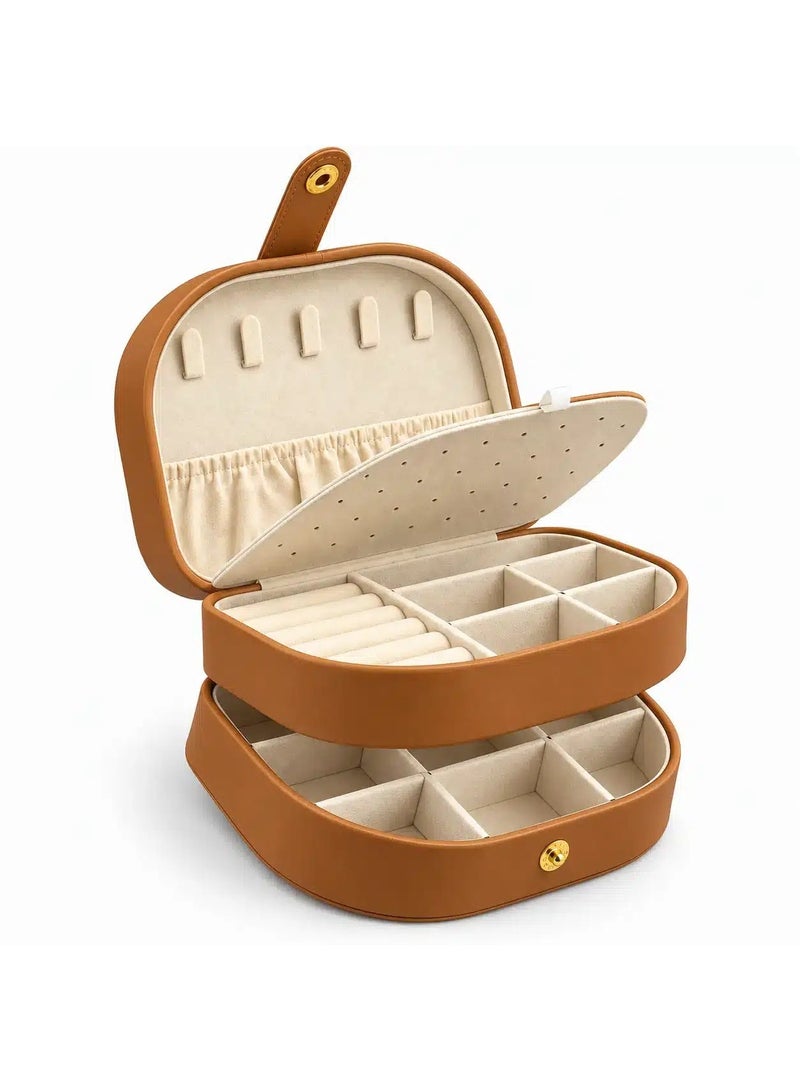 Jewelry Organizer Box for Women, 2-Layer PU Leather Jewelry Storage Case with Necklace Hooks, Ring Rolls, Removable Earring Panel & Compartments, 17 × 12 × 8 cm – Tan Brown - Image 1