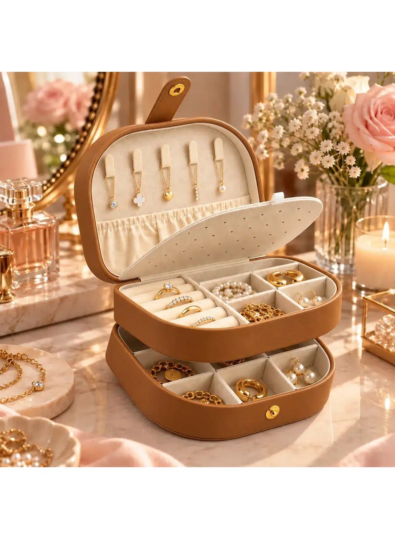 Jewelry Organizer Box for Women, 2-Layer PU Leather Jewelry Storage Case with Necklace Hooks, Ring Rolls, Removable Earring Panel & Compartments, 17 × 12 × 8 cm – Tan Brown - Image 2