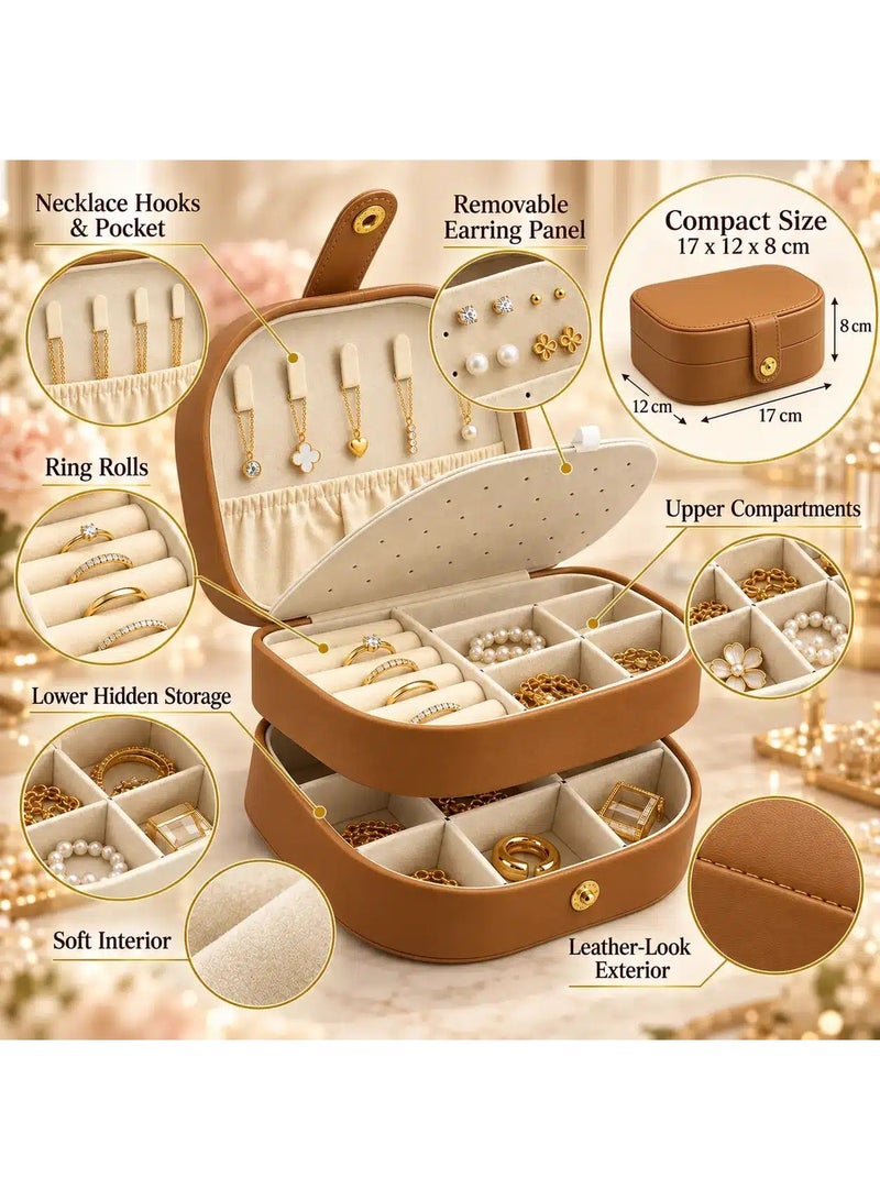 Jewelry Organizer Box for Women, 2-Layer PU Leather Jewelry Storage Case with Necklace Hooks, Ring Rolls, Removable Earring Panel & Compartments, 17 × 12 × 8 cm – Tan Brown - Image 3