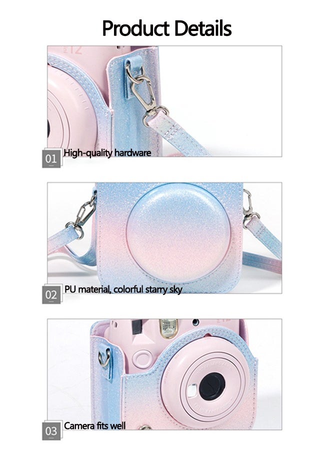 Generic Protective Case for Fujifilm Instax Mini 12 Instant Camera PU Leather Bag - With Light sensitive Holes, Premium Leather Camera Bag Cover with Removable&Adjustable Strap (Blue pink color),Better Protection  - Image 2