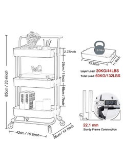 Miya 3 Tier Multipurpose Rolling Shelves Metal Cart Organizer White 85x45x35centimeter  - Image 2