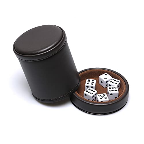 RERIVER PU Leather Dice Cup with Lid Dark Chocolate Leatherette and Dark Brown FeltLined Quiet Dice Shaker Cup Including 6 Black Dot Dice for Liars Dice Farkle Yahtzee Games 1 Pack - Image 5