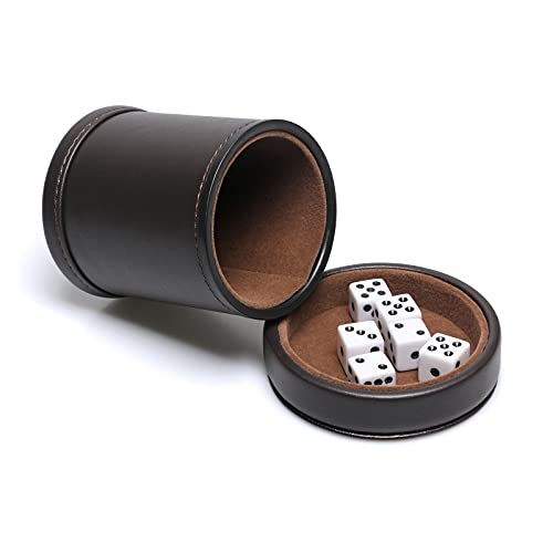 RERIVER PU Leather Dice Cup with Lid Dark Chocolate Leatherette and Dark Brown FeltLined Quiet Dice Shaker Cup Including 6 Black Dot Dice for Liars Dice Farkle Yahtzee Games 1 Pack - Image 1
