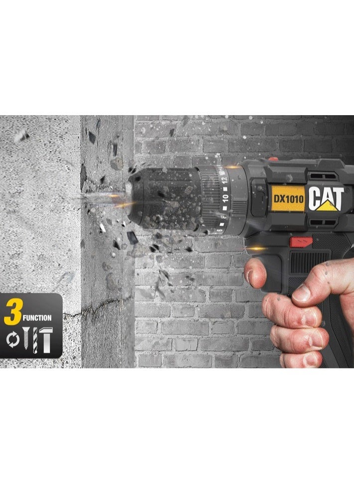 كاتربلر مثقاب مطرقي لاسلكي CAT DX1010 بجهد 18 فولت بدون فحمات، عزم 50 نيوتن متر، ظرف معدني 13 ملم، سرعتين، 20+1+1 وضعية، مع 2 بطارية 2.0 أمبير وشاحن، أصفر/أسود - Image 3