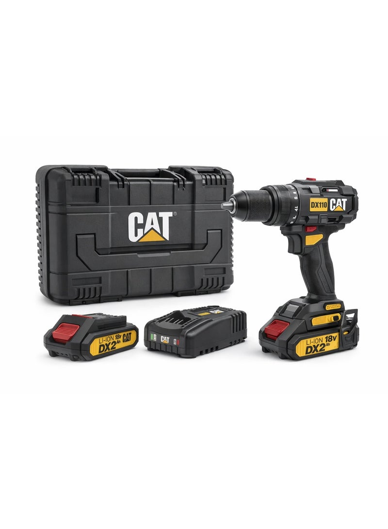 كاتربلر مثقاب مطرقي لاسلكي CAT DX1010 بجهد 18 فولت بدون فحمات، عزم 50 نيوتن متر، ظرف معدني 13 ملم، سرعتين، 20+1+1 وضعية، مع 2 بطارية 2.0 أمبير وشاحن، أصفر/أسود - Image 1