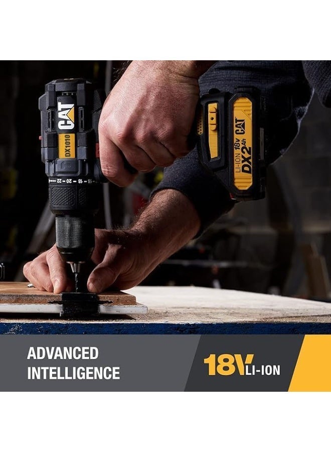 كاتربلر مثقاب مطرقي لاسلكي CAT DX1010 بجهد 18 فولت بدون فحمات، عزم 50 نيوتن متر، ظرف معدني 13 ملم، سرعتين، 20+1+1 وضعية، مع 2 بطارية 2.0 أمبير وشاحن، أصفر/أسود - Image 5