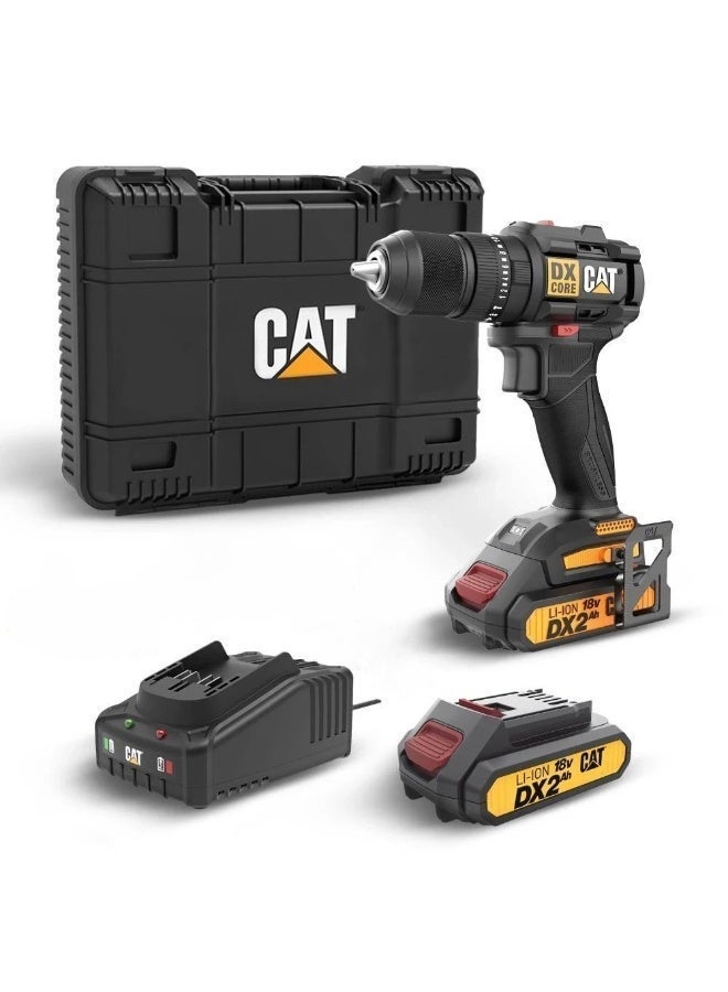 كاتربلر مثقاب مطرقي لاسلكي CAT DX1010 بجهد 18 فولت بدون فحمات، عزم 50 نيوتن متر، ظرف معدني 13 ملم، سرعتين، 20+1+1 وضعية، مع 2 بطارية 2.0 أمبير وشاحن، أصفر/أسود - Image 1
