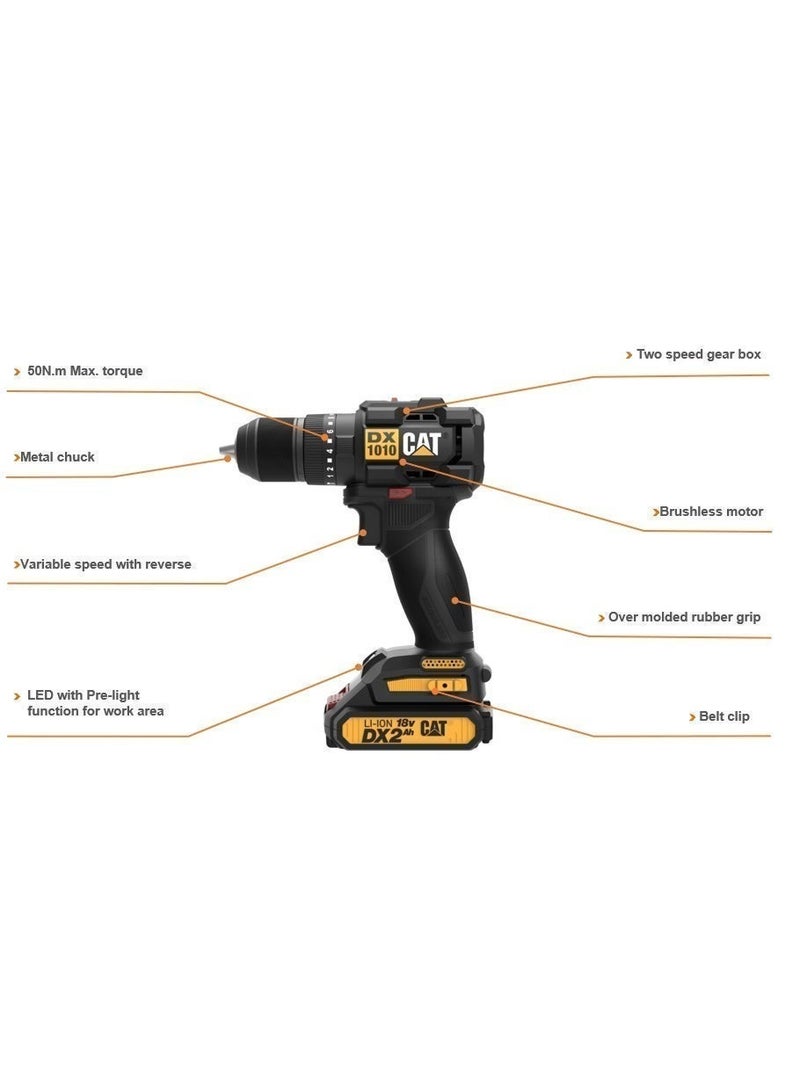 كاتربلر مثقاب مطرقي لاسلكي CAT DX1010 بجهد 18 فولت بدون فحمات، عزم 50 نيوتن متر، ظرف معدني 13 ملم، سرعتين، 20+1+1 وضعية، مع 2 بطارية 2.0 أمبير وشاحن، أصفر/أسود - Image 5