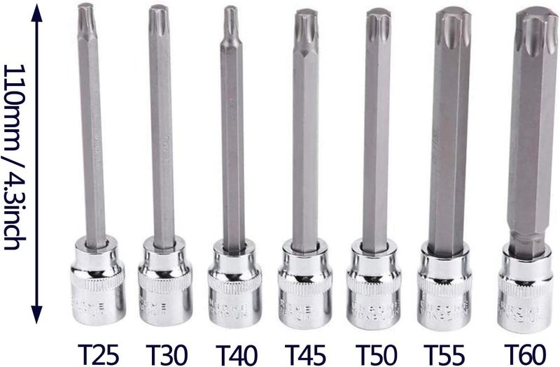 mainpoint Extra Long Torx Star Bit Socket Set 7 Piece T25-T60 CR-V "3/8" Drive 110mm(Torx) - Image 2