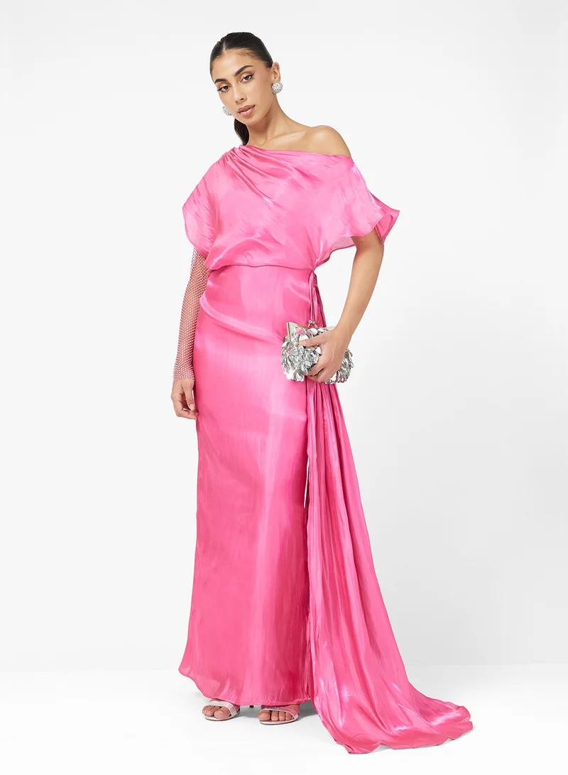 Namshi x Drape Dress With One Shimmer Sleeve & Trail