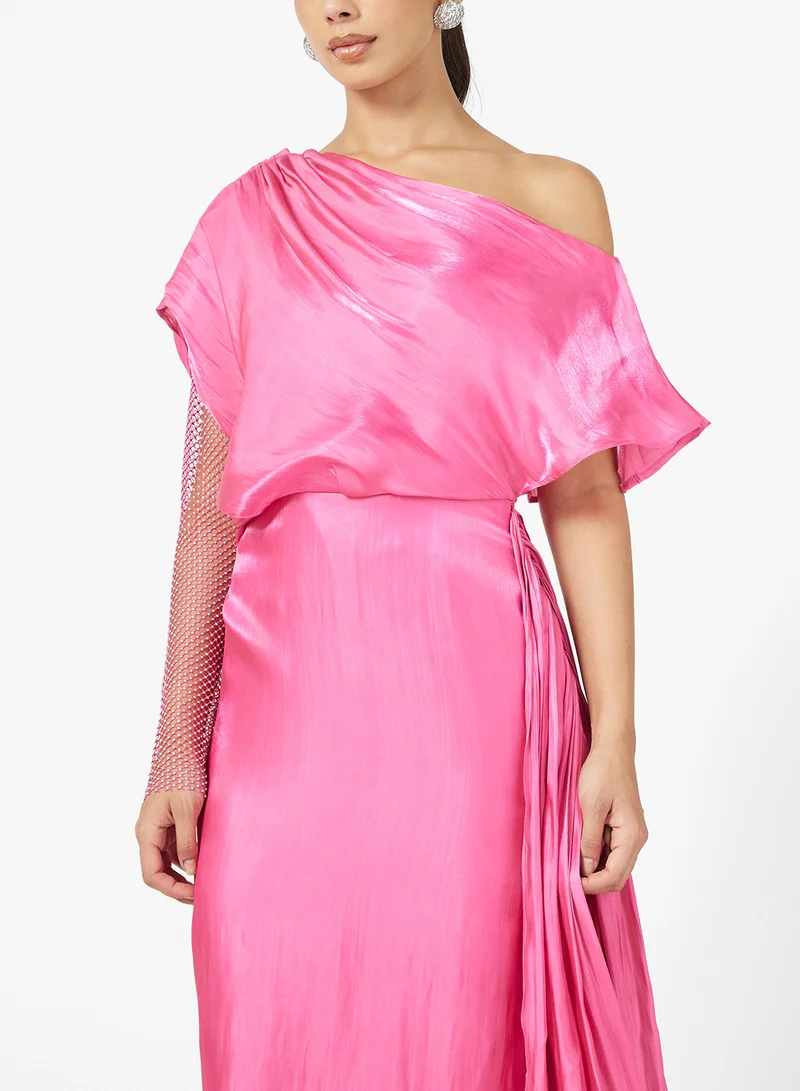 Namshi x Drape Dress With One Shimmer Sleeve & Trail