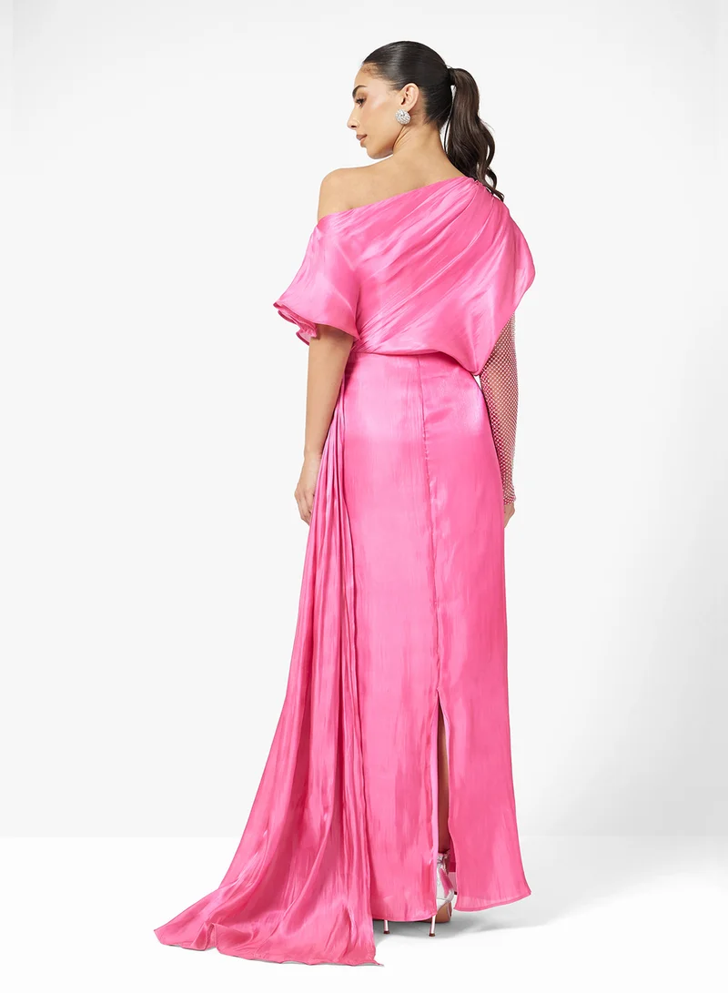 Namshi x Drape Dress With One Shimmer Sleeve & Trail