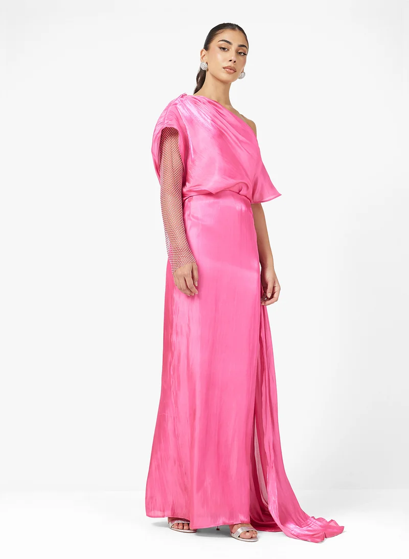 Namshi x Drape Dress With One Shimmer Sleeve & Trail