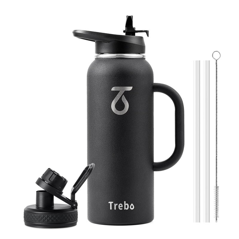 Trebo 40oz Water Bottle Insulated with Handle Stainless Steel Metal Large JugTravel Flask with Straw Spout LidMug Tumbler Cup with Carry PouchKeep Cold Hot Indigo Black