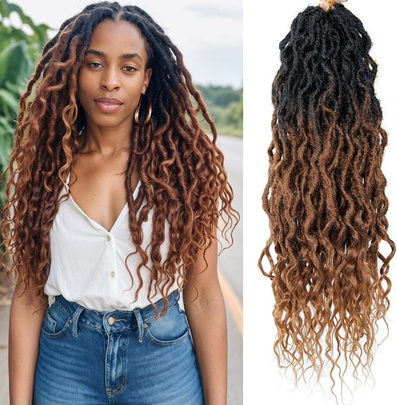 SuyiIRL Brown Faux Locs Crochet Hair For Black Women Soft Locs 24 Inch Goddess Crochet Hair Curly Ends Dreadlocks Boho Style Synthetic Braiding Hair Extensions (6 Packs 72 Strands,1b/30) - Image 1