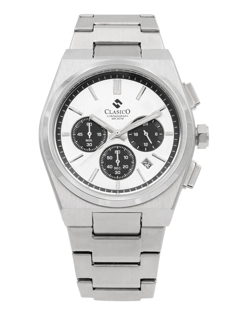 Clasico Eclipse Gentlemen's – Silver Radiance with Black Detailing – 6-Hands Chronograph Watch with Steel Strap – Waterproof Design 42mm - Image 1