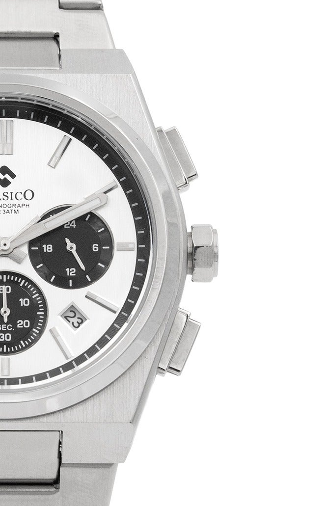 Clasico Eclipse Gentlemen's – Silver Radiance with Black Detailing – 6-Hands Chronograph Watch with Steel Strap – Waterproof Design 42mm - Image 2