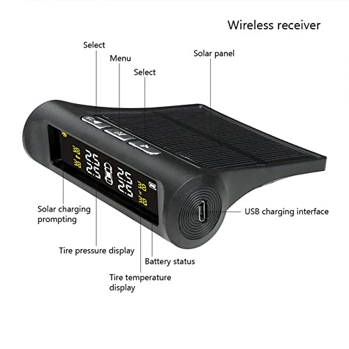 Torcarvh Tire Pressure Monitoring System - Torcarvh Solar Power Wireless TPMS Monitor with 4 External or Internal Sensors LCD Display Real-time Alarm Pressure Temperature for Van Truck Cars (internal) - Image 5