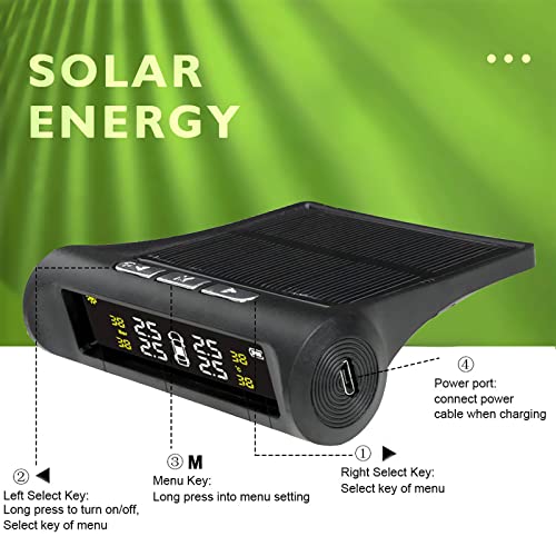 Torcarvh Tire Pressure Monitoring System - Torcarvh Solar Power Wireless TPMS Monitor with 4 External or Internal Sensors LCD Display Real-time Alarm Pressure Temperature for Van Truck Cars (internal) - Image 3