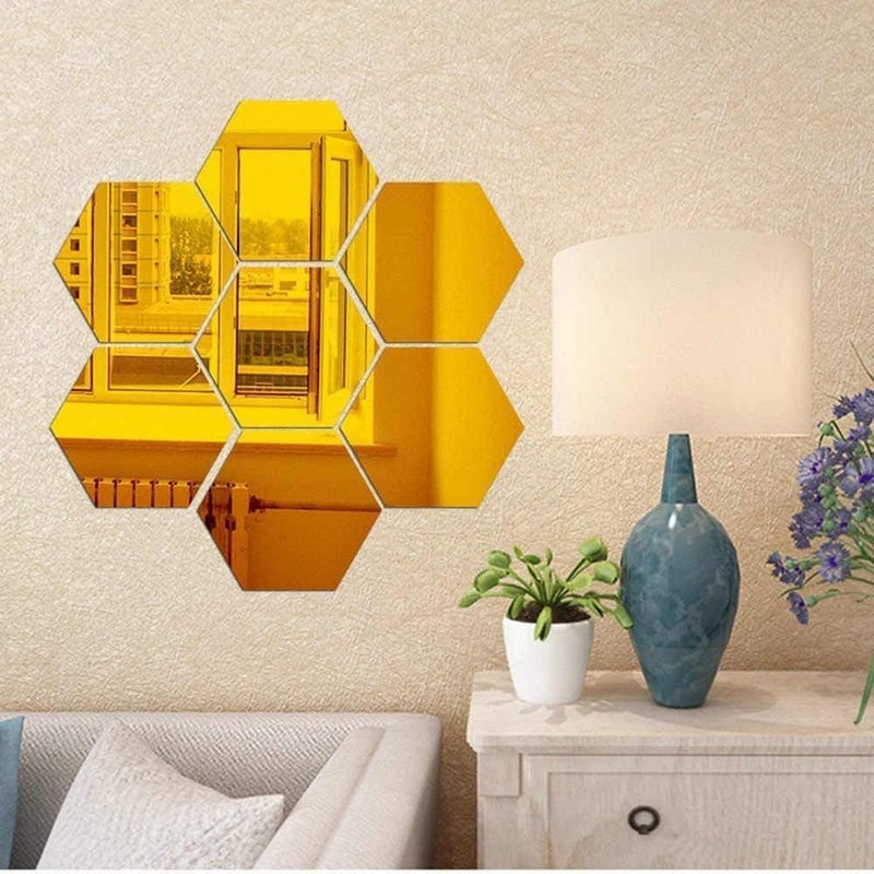 HFR Hexagon Acrylic Mirror Wall Decor Stickers 7Pcs, Shatterproof Reflective DIY Mirrors - Multi-Color & Multi-Piece Sets (Gold) - Image 3