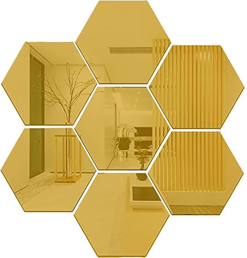 HFR Hexagon Acrylic Mirror Wall Decor Stickers 7Pcs, Shatterproof Reflective DIY Mirrors - Multi-Color & Multi-Piece Sets (Gold) - Image 1
