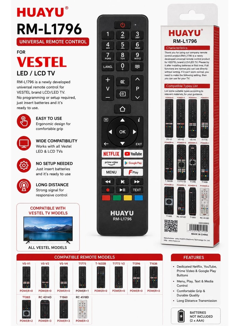 Huayu RM-L1796 Universal TV Remote Control for Vestel LED & LCD TVs - Image 2