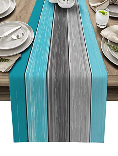 Vandarllin Farmhouse Cotton Linen Table Runner Dresser Scarf Retro Rustic Barn Wood Texture Ombre Aqua Blue Gray NonSlip Rectangle Settings Decoration for Kitchen Home Dining Holiday70 inches Long