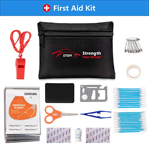 STDY Car Roadside Emergency Kit, Vehicle Truck Safety Road Side Assistance Kits Auto Accessory, with Jumper Cables, First Aid Kit, Tow Rope, Reflective Triangle, Tire Pressure Gauge, etc - Image 4