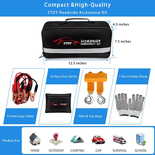 STDY Car Roadside Emergency Kit, Vehicle Truck Safety Road Side Assistance Kits Auto Accessory, with Jumper Cables, First Aid Kit, Tow Rope, Reflective Triangle, Tire Pressure Gauge, etc - Image 2