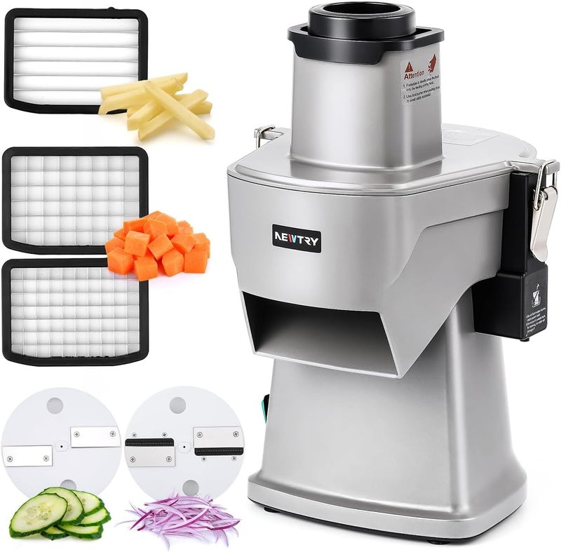 NEWTRY آلة تقطيع الخضروات الكهربائية 4 في 1 معالج الخضار التجاري لتقطيع، تمزيق، شريحة، قطع مكعبات، بطاطس مقلية، شريحة رقائق، سهلة التنظيف، شفرة قابلة للتبديل