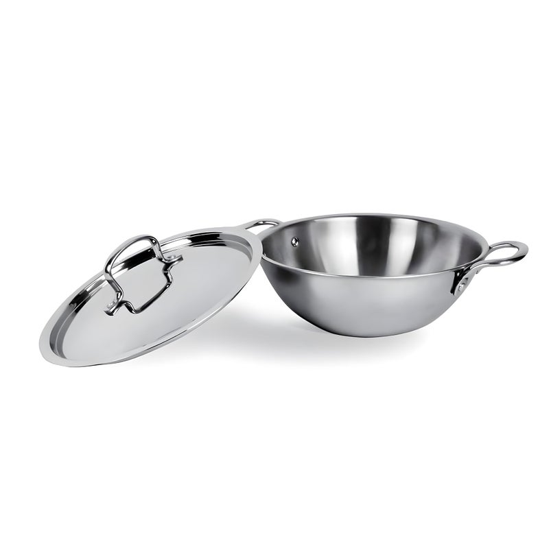 Kuber Industries Kuber Industries 3.6L Stainless Steel Triply Frying Pan | Kadai for Cooking with Handle & Lid | Deep Fry Cookware Wok for Kitchen | Gas & Induction Base Cooking Chinese Karahi | Silver  - Image 1