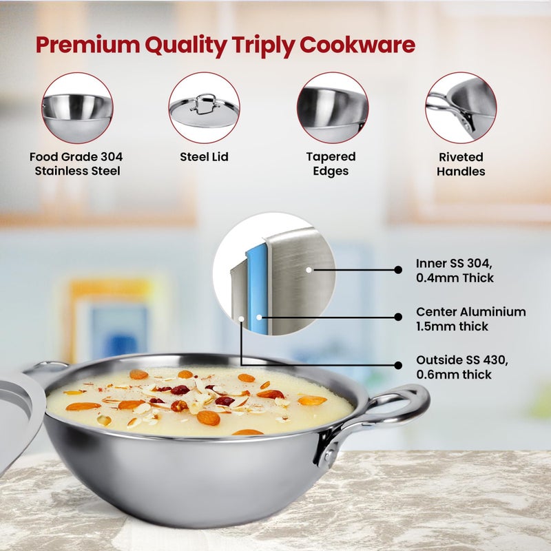 Kuber Industries Kuber Industries 3.6L Stainless Steel Triply Frying Pan | Kadai for Cooking with Handle & Lid | Deep Fry Cookware Wok for Kitchen | Gas & Induction Base Cooking Chinese Karahi | Silver  - Image 4