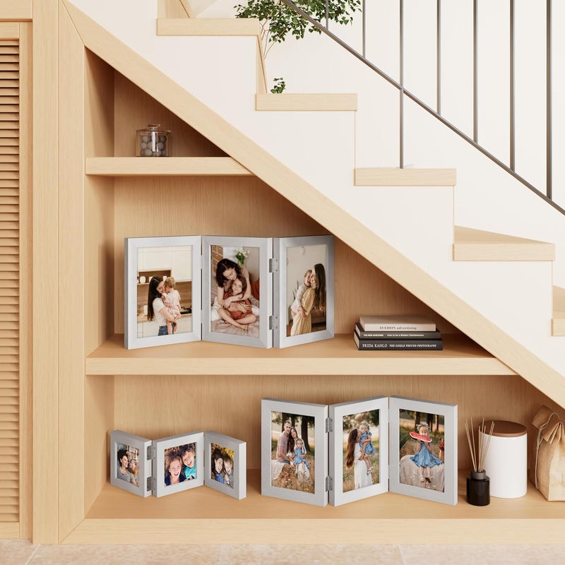 decorUhome Triple 4x6 Picture Frame Vertical, Engineered Wood Trifold Photo Frame with Plexiglass for Tabletop Display, 4x6, Silver - Image 5