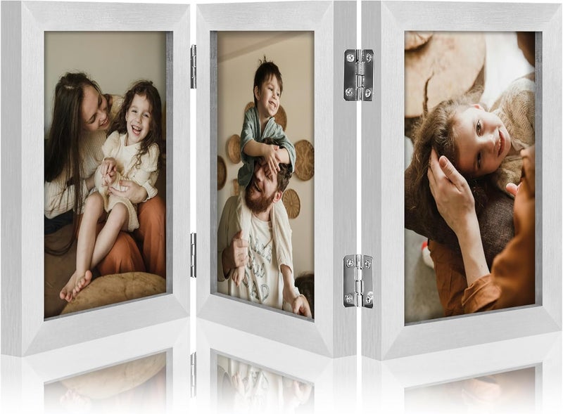 decorUhome Triple 4x6 Picture Frame Vertical, Engineered Wood Trifold Photo Frame with Plexiglass for Tabletop Display, 4x6, Silver - Image 1
