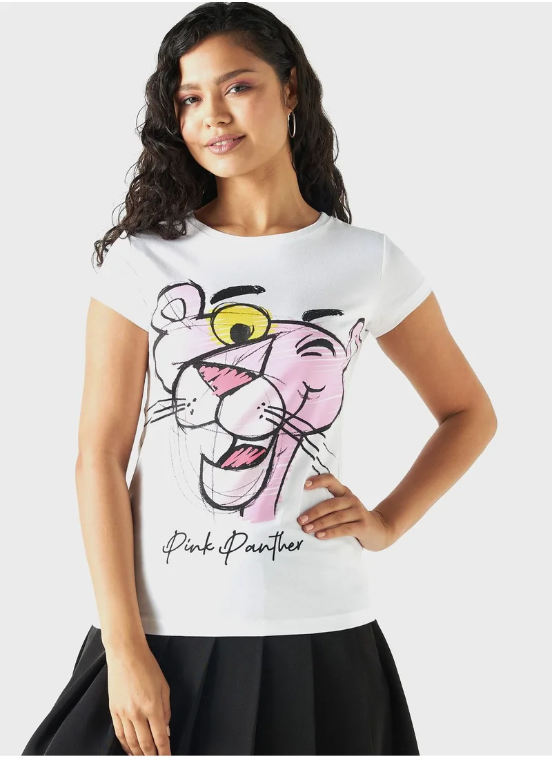 اس بي كاركترز Pink Panther Print T-Shirt