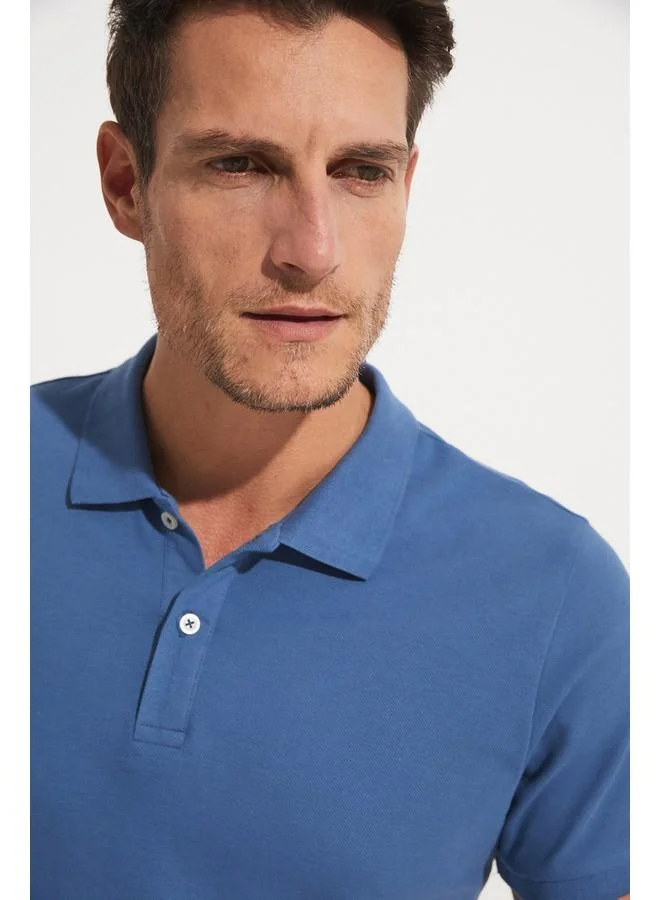 JUNE June Men Regular Fit 100% Cotton Polo Neck Tshirt Light Indigo