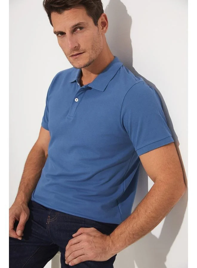 JUNE June Men Regular Fit 100% Cotton Polo Neck Tshirt Light Indigo