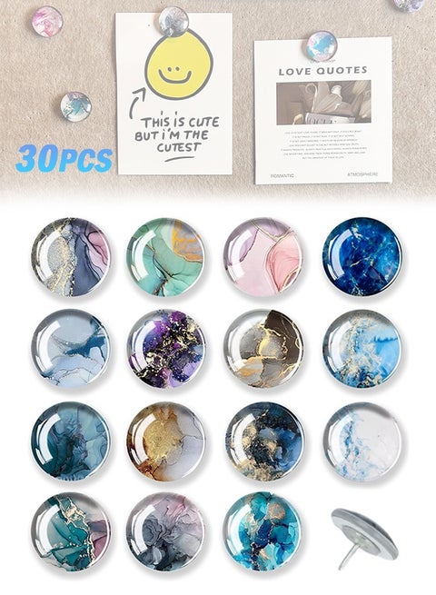 30Pcs Glass Fridge Decorative Magnets - Marble Pattern Refrigerator Glass Magnets for Office Whiteboard and Household Cabinet Decoration, Strong Magnetic Power to Perfectly Hold Photos and Documents