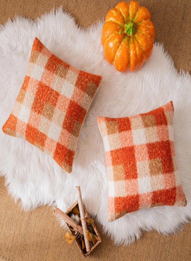 AQOTHES Orange Plaid Fall Throw Pillow Covers 20x20 Inch Set of 2, Boucle Decorative Pillow Covers,Cozy Fluffy Home Living Room Farmhouse Decor for Sofa Couch Bed - Image 5