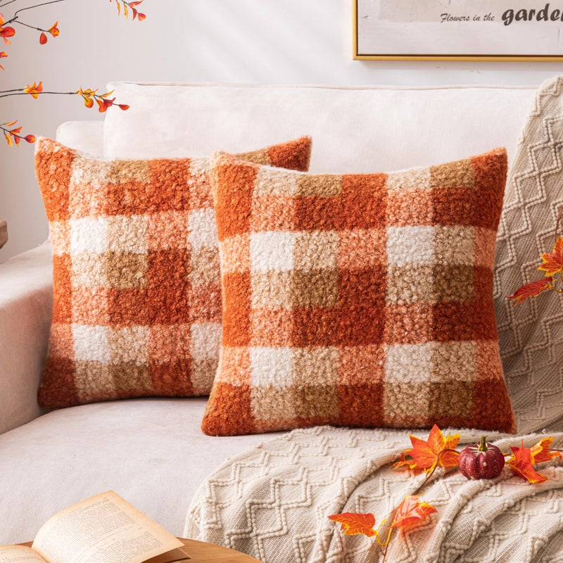 AQOTHES Orange Plaid Fall Throw Pillow Covers 20x20 Inch Set of 2, Boucle Decorative Pillow Covers,Cozy Fluffy Home Living Room Farmhouse Decor for Sofa Couch Bed - Image 1