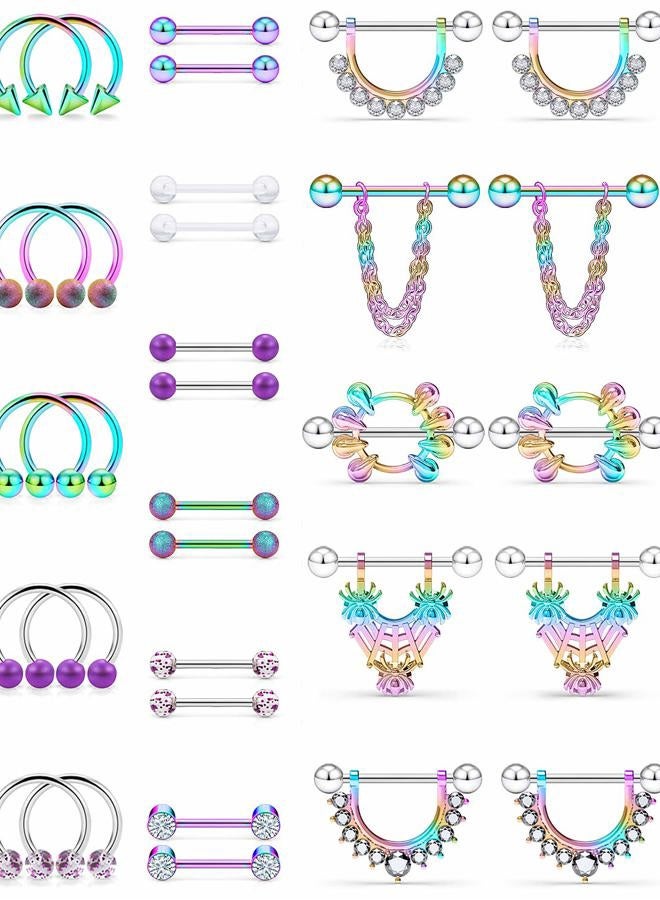 SCERRING 14G Rings 316L Stainless Steel CZ rings Shield Tongue Barbell Rings Bars Body Piercing Jewelry for Women 8-32PCS, Metal Crystal Acrylic, cubic-zirconia, - Image 1