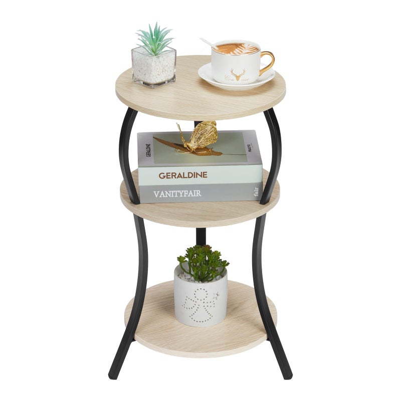 YEAKOO Vintage Small Round Side Table, 3-Tier Slim Waist Circular End Table with Storage Shelf, Compact Tea Sofa Side Table, Round Corner Coffee Table Nightstand for Living Room Bedroom Small Spaces,Oak - Image 1