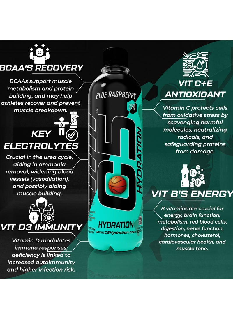 C5 - C5 HYDRATION Blue Raspberry Electrolytes & Vitamin Water- Zero Sugar, 20 Calorie BCAA for Recovery -VIT B ENERGY, VIT C & E ANTIOXIDANT, VIT D3 for IMMUNITY - Refreshing Ramadan Drink Pack of 12 - Image 1