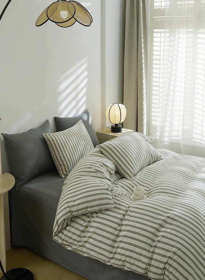 LifeTB Grey Striped Duvet Cover Set Queen, 100% Washed Cotton White Grey Stripes Pattern Printed Comforter Cover, 3 Pieces Farmhouse Striped Bedding Set Breathable Duvet Cover with Zipper Ties - Image 5